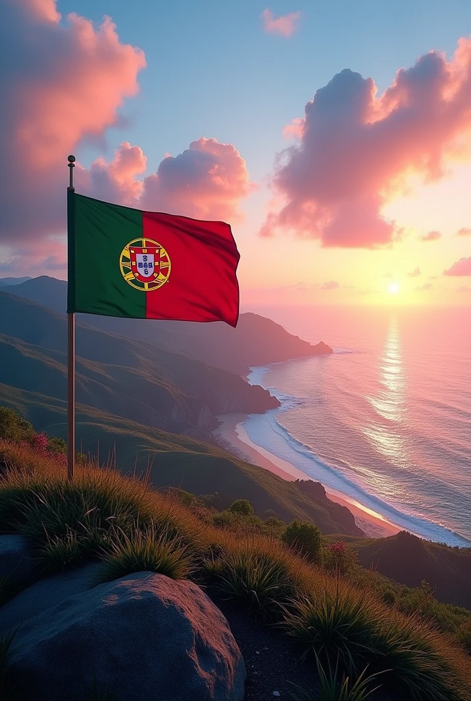 Beautiful Portuguese landscape with sea view and blue and pink sunset with the Portuguese flag and the name Clara drawn on the image in large