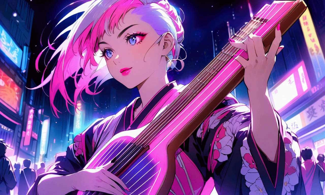 Close-up of a charismatic female samurai with makeup in bright pink and silver, creating a futuristic and vibrant appearance. Her hair is styled in an asymmetrical cut with a bold undercut, highlighted with neon pink streaks. She is immersed in playing a shamisen, wearing dazzling blue headphones. The background is a neon-lit street at night, filled with animated crowds and colorful lights, evoking a sense of excitement and movement.