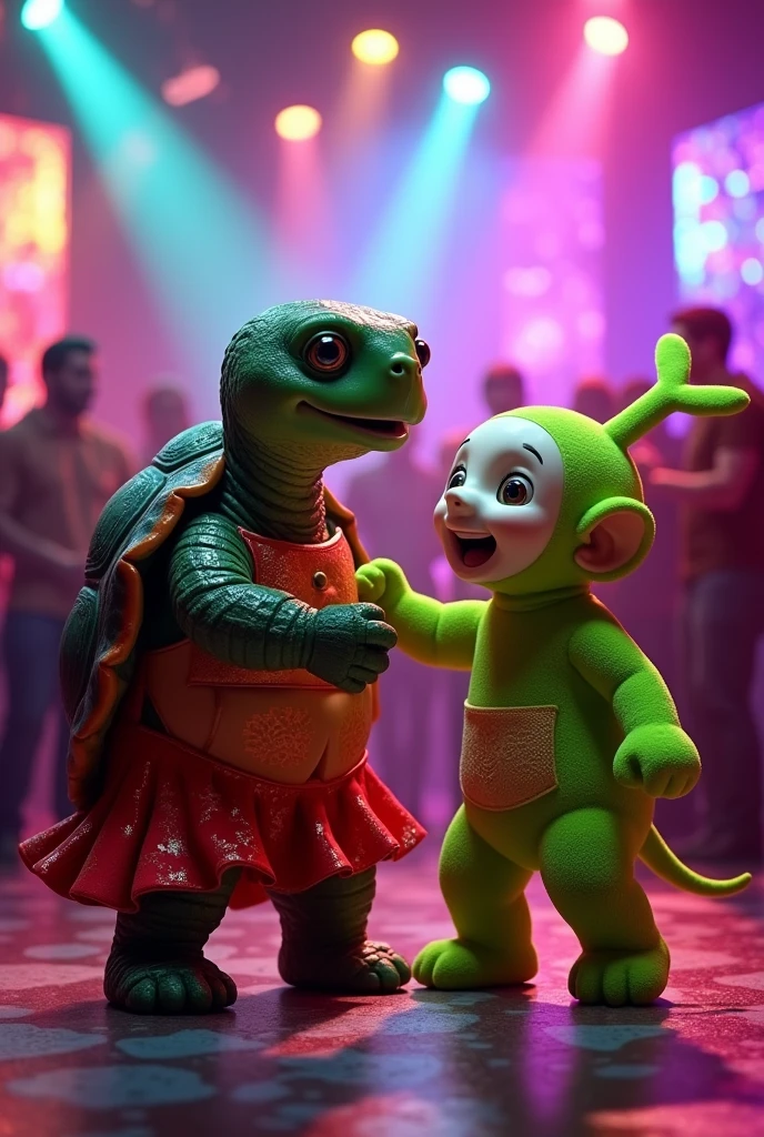 Turtle wearing a red dress, dancing with a lime green Teletubies at the nightclub