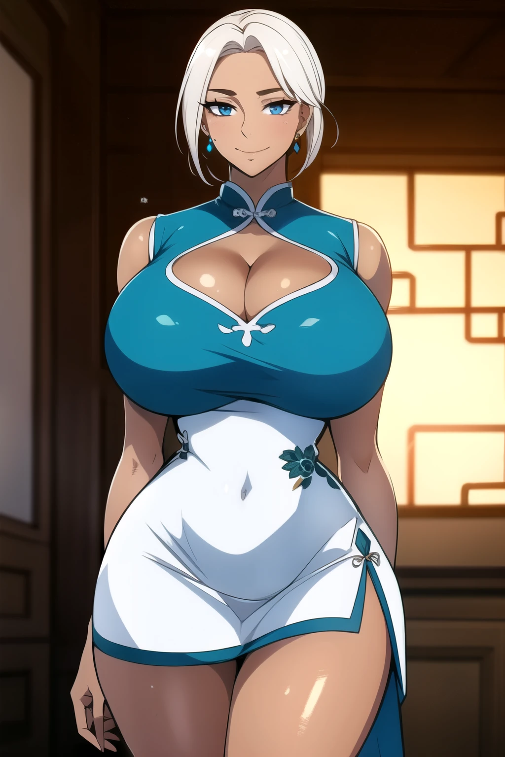 masterpiece, best quality, absurdres, 8k, perfect shadows,perfect lighting,hdr, ambient lighting, cowboy shot,shiny skin,skindentation, beautiful body, NamiFinal, (white hair : 1.4), short hair, blue eyes,  (((chinese dress:1.1), cleavage, , curvy, midriff, curvy, thighs, higheels, shiny clothes) , jewelry earrings,tight fit, complex detailed background, inside, luxury palace) (gigantic breasts,hourglass body, thin waist,very slim waist)extremely detailed face,detailed eye makeup, detail face, nice detailed eyes,nice hands, perfect hands (realistic pupils,realistic iris:1) heavy eye makeup,glowing eyes, Bright eyes,standing,standing at attention,(seductivel smile), (gigantic breasts: 1.1), curvy, (( tan skin: 1.1)), (( tan face: 1.1))