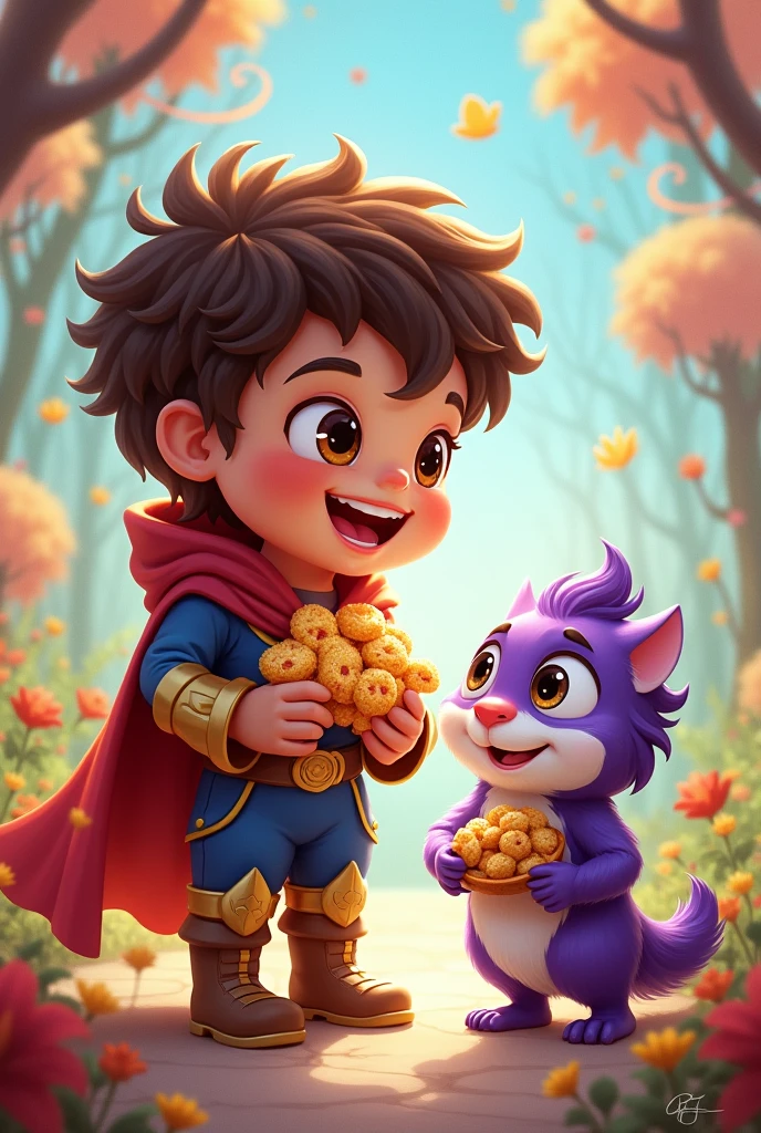 Cute little hero holding snacks and looking at cute little purple-haired monster