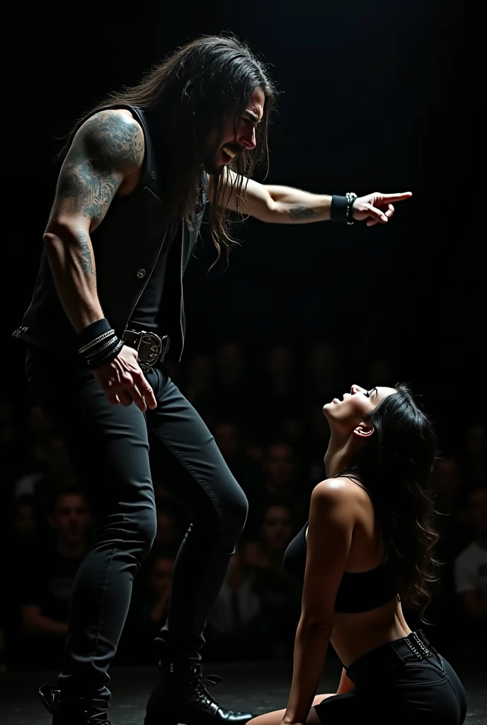 metalhead on stage, filled with rage, points an accusing finger towards a beautiful Spanish woman in the crowd. Crawling on the ground, she is the target of hate as the crowd watches in shock. The air is thick with tension, her sadness palpable amidst the chaos.