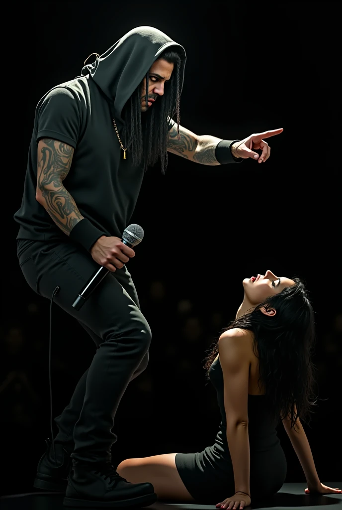 metalhead on stage, filled with rage, points an accusing finger towards a beautiful Spanish woman in the crowd. Crawling on the ground, she is the target of hate as the crowd watches in shock. The air is thick with tension, her sadness palpable amidst the chaos.