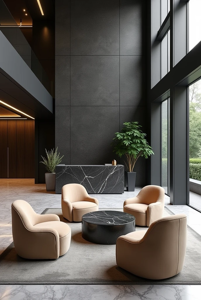 Professional 3d architecture rendering design of modern hotel’s Labi with dark slab stone and 4 dark beige velvet sofa Chairs and medium flouting dark gray marble station and elegant and modern accessories and modern windows and private space for baggage and black slab stone middle table and elegant accessories and modern ceiling lighting and beautiful green space