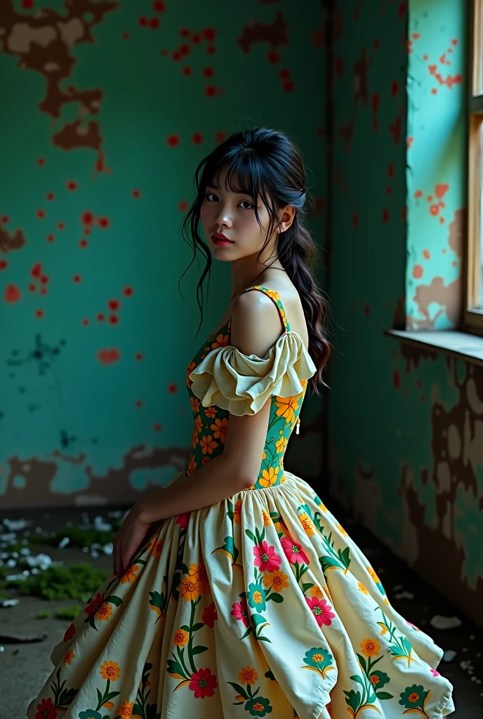 a girl in colorful print dress posing in a dark room with dirty walls, in the style of japanese prints, light emerald and sky-blue, wavy resin sheets, vibrant florals, jagged edges, delicate and intricate details, soft-focus portraits --ar 9:16 --stylize 750 --v 6