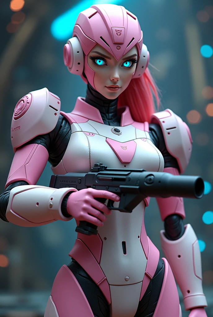 Arcee,G1 version,female humanoid robot,slim feminine figure,pink and white armor,smooth curved body,recognizable head crest,blue eyes,holding blaster,ultra-detailed,4k,8k,highres,masterpiece:1.2,ultra-fine painting,sharp focus,physically-based rendering,extreme detail description,professional,vivid colors,bokeh,science fiction,intricate mechanical design,glowing blue highlights,dynamic pose,elegant and graceful