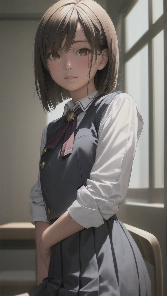 best quality, face focus, soft light, ultra high res, (photorealistic:1.4), RAW photo, 1japanese girl, solo, cute, (shy smile:0.5), (brown eyes, lights in the eyes), detailed beautiful face, (small chest),(high resolution detail of human skin texture), (short bob hair), BREAK, in classroom,navy school uniform, vest, skirt,