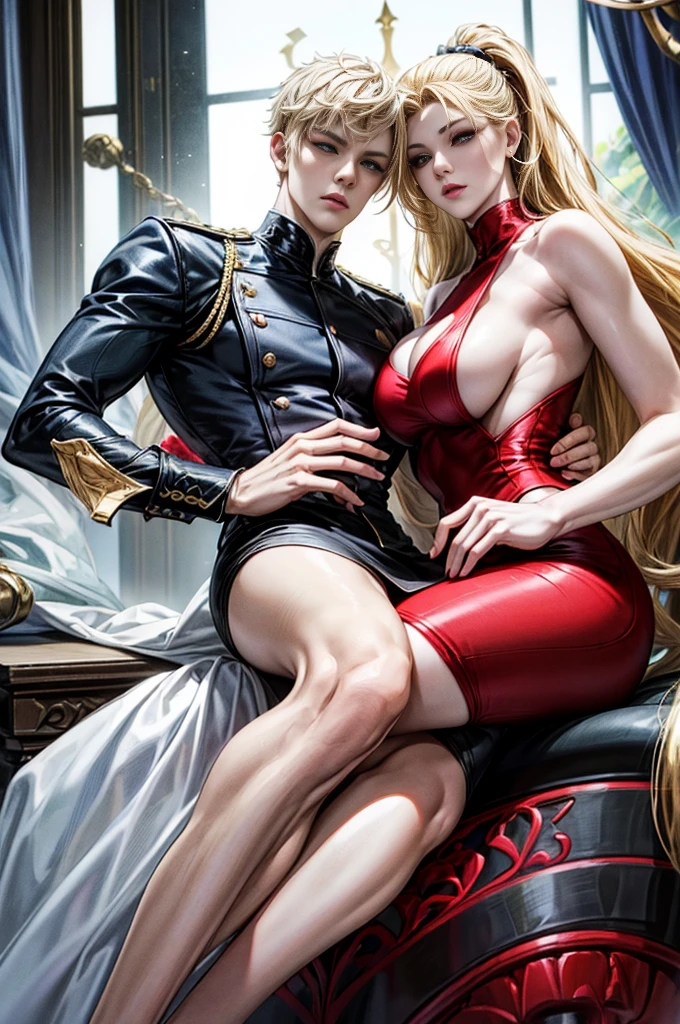 Create a 3D cartoon scene featuring two characters from *Lookism*. First, Mary Kim, a beautiful Russian woman with blonde hair, blue eyes, pale skin, wide thin lips, double eyelids, and a curvy, hourglass figure. She should appear natural and stunning without makeup. Second, Park Bom-jae, a tall, model-like figure with red eyes, deep-set features, and pale skin. Ensure he has double eyelids and an extremely attractive, perfect face. Capture their distinct features and confident demeanor, showcasing their striking appearance together in the scene.