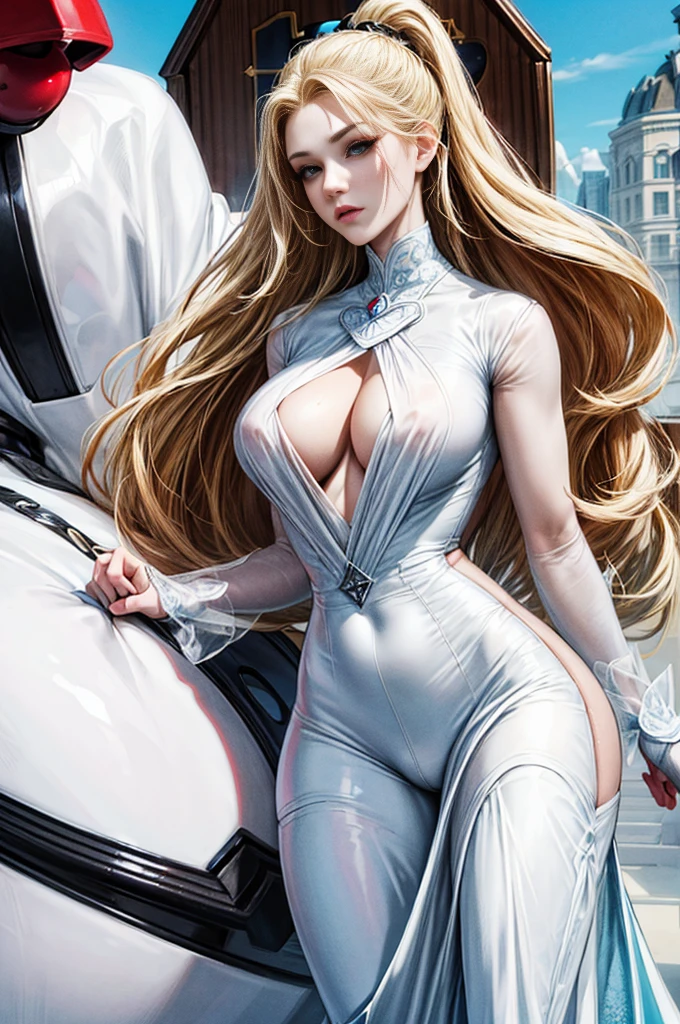 Create a 3D cartoon scene featuring two characters from *Lookism*. First, Mary Kim, a beautiful Russian woman with blonde hair, blue eyes, pale skin, wide thin lips, double eyelids, and a curvy, hourglass figure. She should appear natural and stunning without makeup. Second, Park Bom-jae, a tall, model-like figure with red eyes, deep-set features, and pale skin. Ensure he has double eyelids and an extremely attractive, perfect face. Capture their distinct features and confident demeanor, showcasing their striking appearance together in the scene.