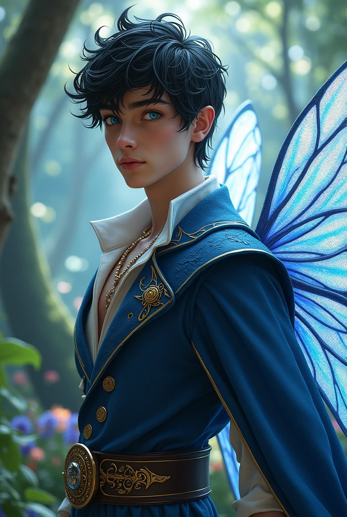 Man, blue eyes, black hair, fae, wings, strong, prince,   Young