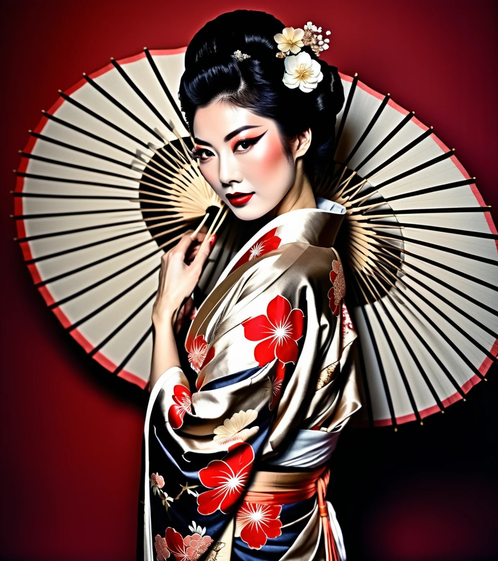 A woman in a kimono poses for a photo., elegant Japanese woman, in kimono, intricate geisha kimono, wearing kimono, Japanese Kimono, kimono, in a kimono, japanese model, inspired by Otake Chikuha, wearing a kimono, By Kan'o Tan'yū, Japanese woman, Using a haori, Highly detailed black and white kimono