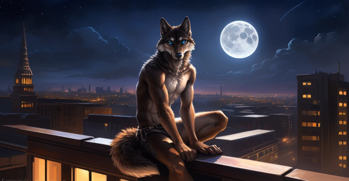 ((Solo)), male people, anthro wolf, (Multi-colored fur, White-brown:1.3), ((Wolf face, Big eyes, White eyelids, Blue pupil, Slim:1.2) (Tough, Calm expression:1.2)), (Height 2.1 meters,Tail length 1.5m), Abs, Slim, pinging, (Correct anatomy), (Contour bone:1.2), The upper body is naked, (detailed outfits), a long large tail，Feet，(Realistic fur, Detailed fur texture, labeled:1.3)), (Natural lighting), Photorealistic, Hyperrealistic, ultradetailed, by Kenket，In the modern city，Roof，the night，Sit alone，Look at the full moon，It was dark，Starry