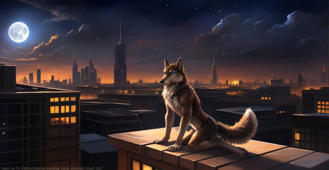 ((Solo)), male people, anthro wolf, (Multi-colored fur, White-brown:1.3), ((Wolf face, Big eyes, White eyelids, Blue pupil, Slim:1.2) (Tough, Calm expression:1.2)), (Height 2.1 meters,Tail length 1.5m), Abs, Slim, pinging, (Correct anatomy), (Contour bone:1.2), The upper body is naked, (detailed outfits), a long large tail,Feet,(Realistic fur, Detailed fur texture, labeled:1.3)), (Natural lighting), Photorealistic, Hyperrealistic, ultradetailed, by Kenket,In the modern city,Roof,the night,Sit alone,Look at the full moon,It was dark,Starry