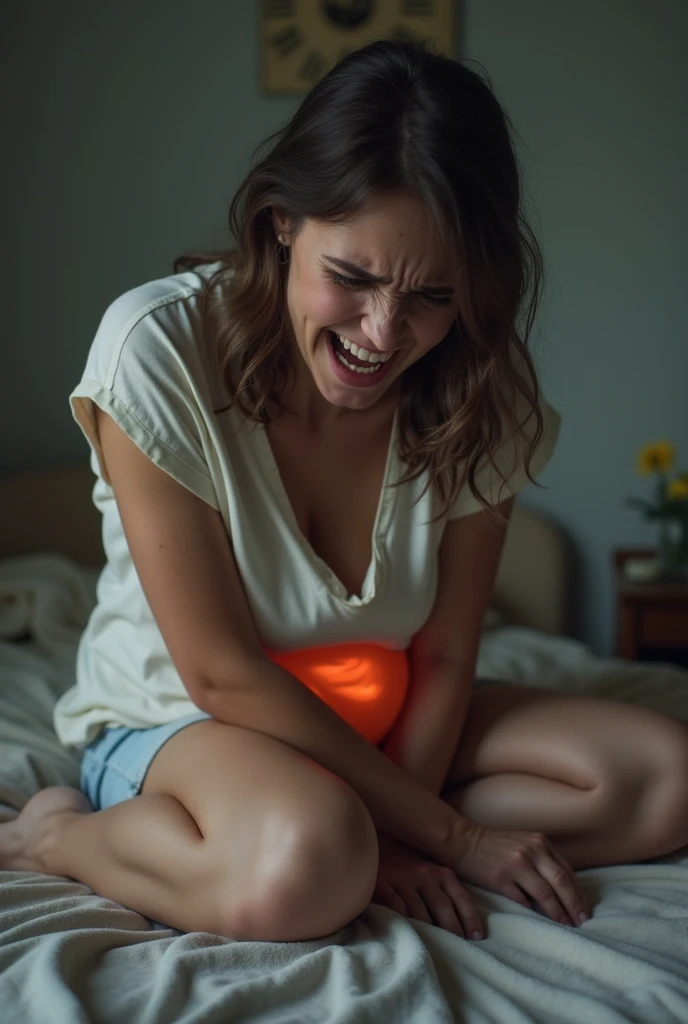 A woman with a stomachache with more pain with so much pain that she writhes 