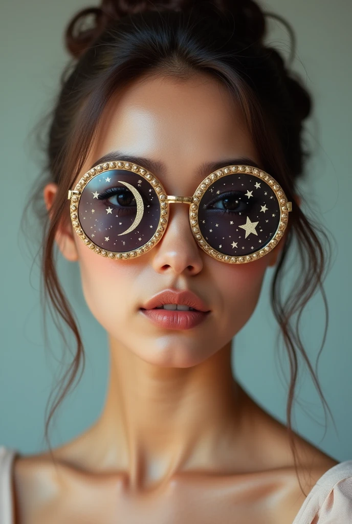 The model is wearing glass sunglasses with stars and the moon on the glass