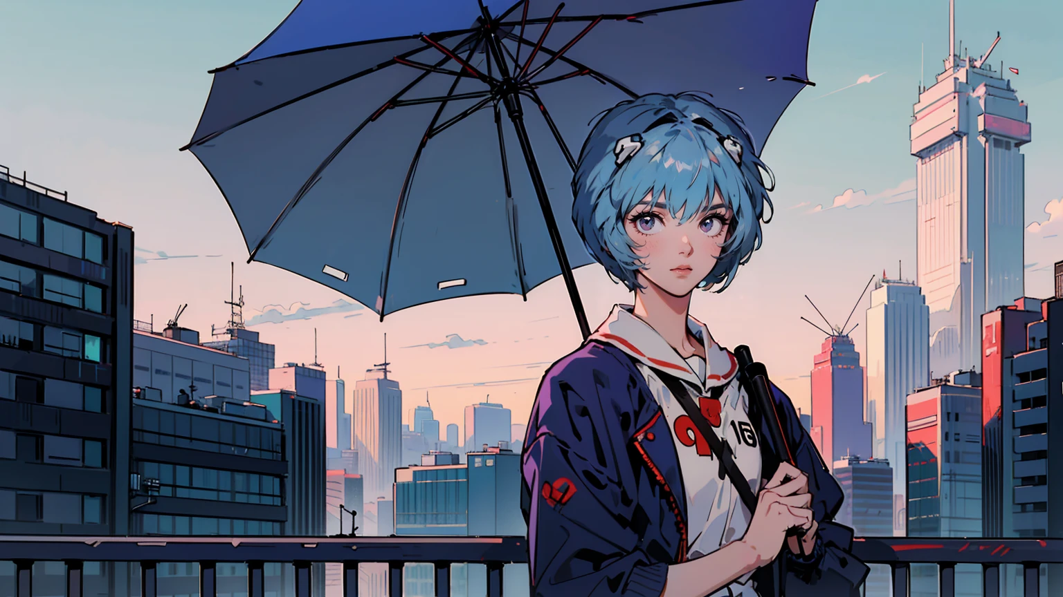 masterpiece, best quality, detailed, ((official style)), (((Rei Ayanami, 独奏))), /neon genesis evangelion/, (upper body), blue hair, short hair, bangs, red eyes, ネオンが輝くサイバーパンク都市の雨のnight,A sophisticated vehicle passes by, Neon sign flashing, Skyscrapers pierce the purplish blue sky. Despite being a bustling city, 彼女はOne personで立っている、Holding a black umbrella、night、One person