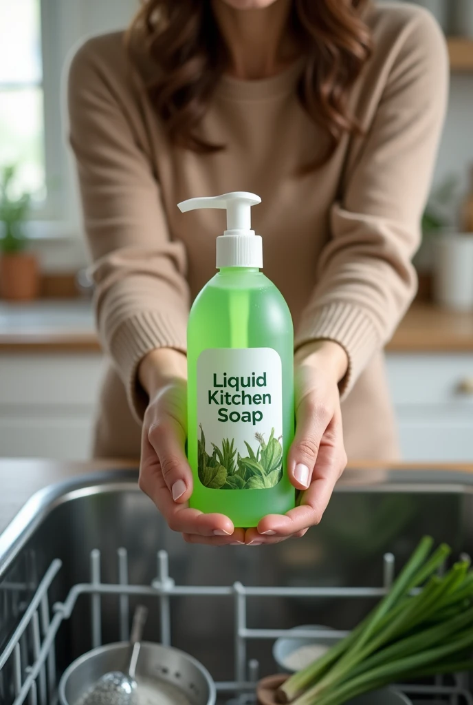 Create a liquid soap for the kitchen, that is on top of a dishwasher , , In addition to being biodegradable, let it be green , and that a mother is holding him, and that it is surrounded by kitchen utensils and that it says liquid kitchen soap,