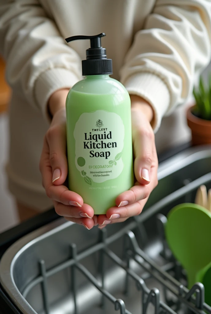 Create a liquid soap for the kitchen, that is on top of a dishwasher , , In addition to being biodegradable, let it be green , and that a mother is holding him, and that it is surrounded by kitchen utensils and that it says liquid kitchen soap,