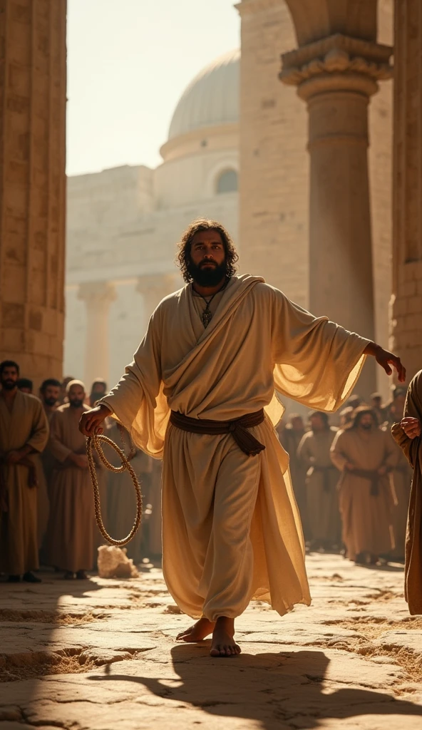 "Jesus wielding a whip of cords, wearing simple robes, 1st century, driving out the merchants from the Temple, ancient Jerusalem, tables being overturned and goods scattered, the sacred Temple columns in the background, hyper-realistic, photo realism, cinematography -- ar 9:16"