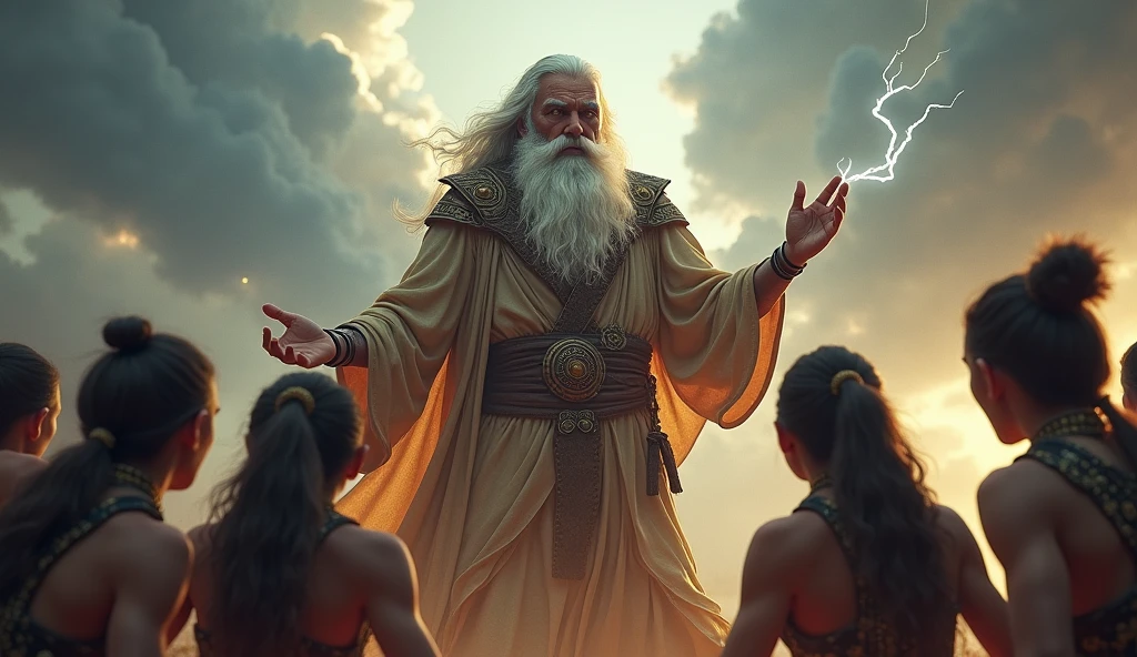 .An angry sage Durvasa, with a long beard and ascetic robes, standing amidst a group of young warriors. His expression is fierce, as he raises his hand to cast a curse, with swirling clouds and lightning in the background '3d style realistic image 