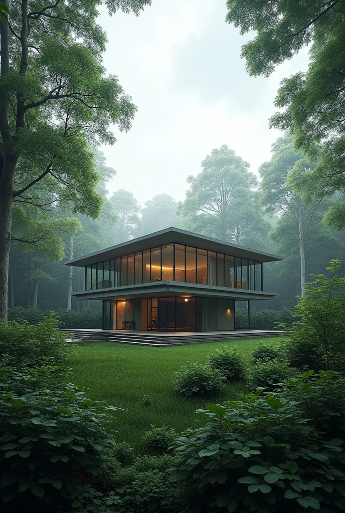 A pleasant modern house with almost transparent glasses in middle of the forest in a cloudy day