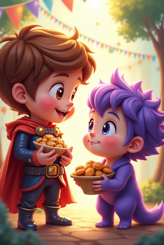 Cute little hero holding snacks and looking at cute little purple-haired monster