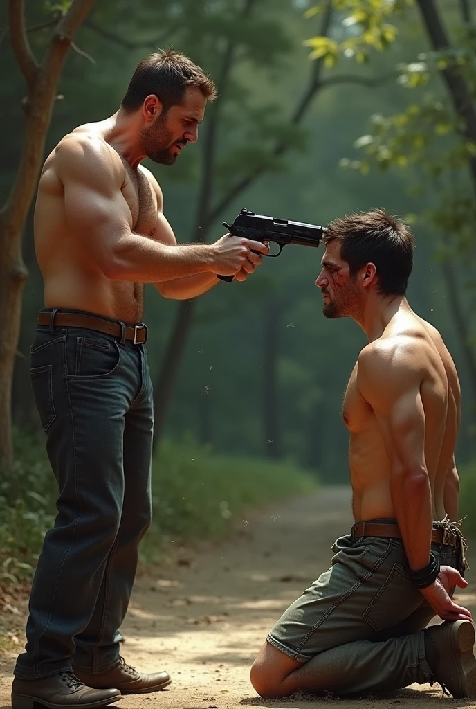 A man threatening another man with a gun, The first man points a gun at the other man&#39;The barrel of the gun is on the opponent&#39;s head&#39;His face is angry. The second had his hands tied behind his back.、I kneel, close my eyes, awaiting my fate。, His face was tense、I was gritting my teeth.., He was shirtless、There are marks of violence on his face、Dark swelling around the eyes。, He has his head pointed to the ground.、man bring out the bottom. cheek, rick it. crying, sad face, kissing to penis, cum on his face, melting, be happy, natural light
