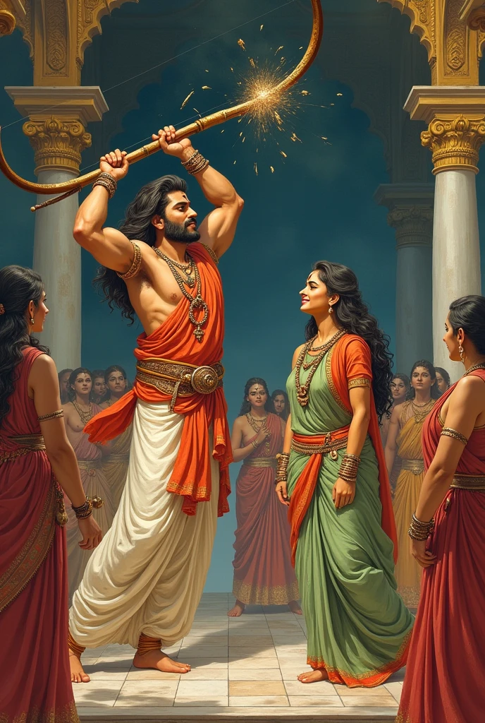 Sita's Swayamvara: Ram breaking the bow at Sita's swayamvara and their marriage.
