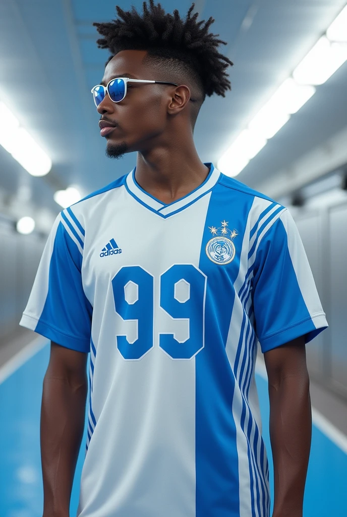 Create the back of an interclass blouse with silver colors,white and blue with the name MC and the number 99