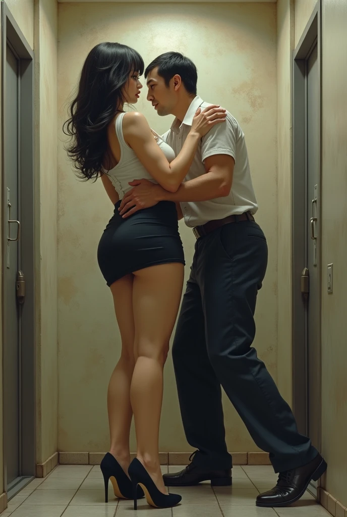 software, extremely Realistic, graphic, masterpiece, (A detailed scenario of an restroom), (Detailed background of an restroom), standing large voluptuous Japanese (Woman 1), ((long pensil skirt)), ((extra huge tits)), ((Big Ass)), ((Thick thighs)), ((pantyhose)), (high heels), (disdain expression), Blushed, small man ass groping Woman 1 from behind, ((man is ugly short Japanese)), (((man pressing his chest on Woman 1 back))) and (((Hold her back by her waist))), against to subway door hand groping ass check