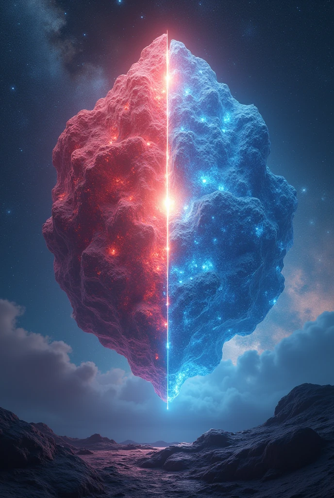 There is a large electric pulsating crystal hovering over the universe and half of it is red and half of it is blue, the background is half of the constellation of the Pleiades and Orion