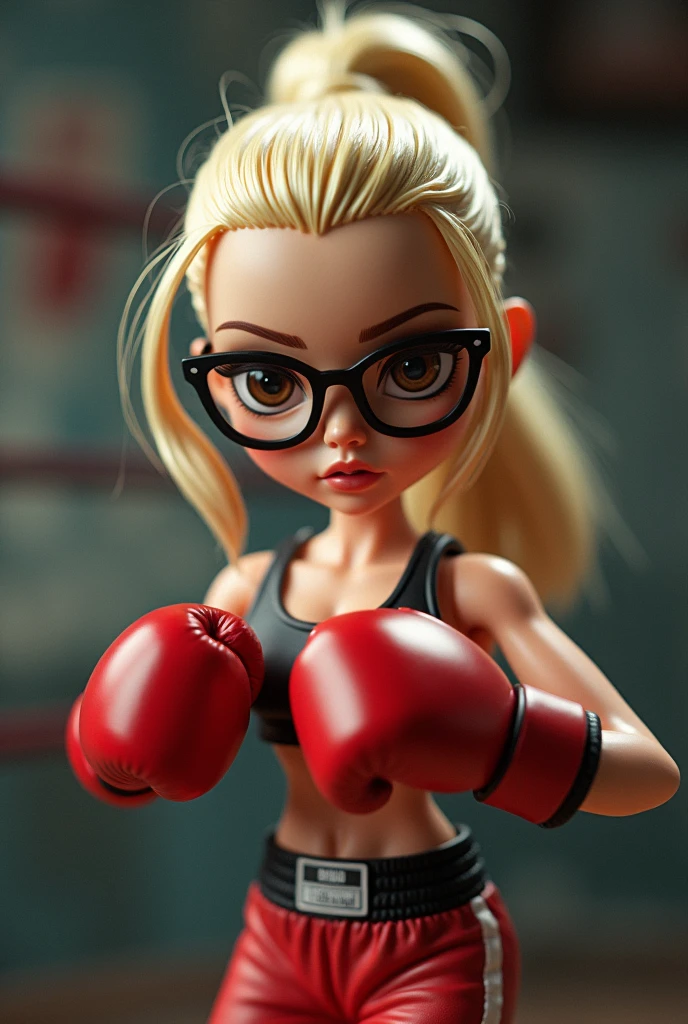 blonde doll, brown hair and eyes, wearing glasses, tied hair, using boxing gloves