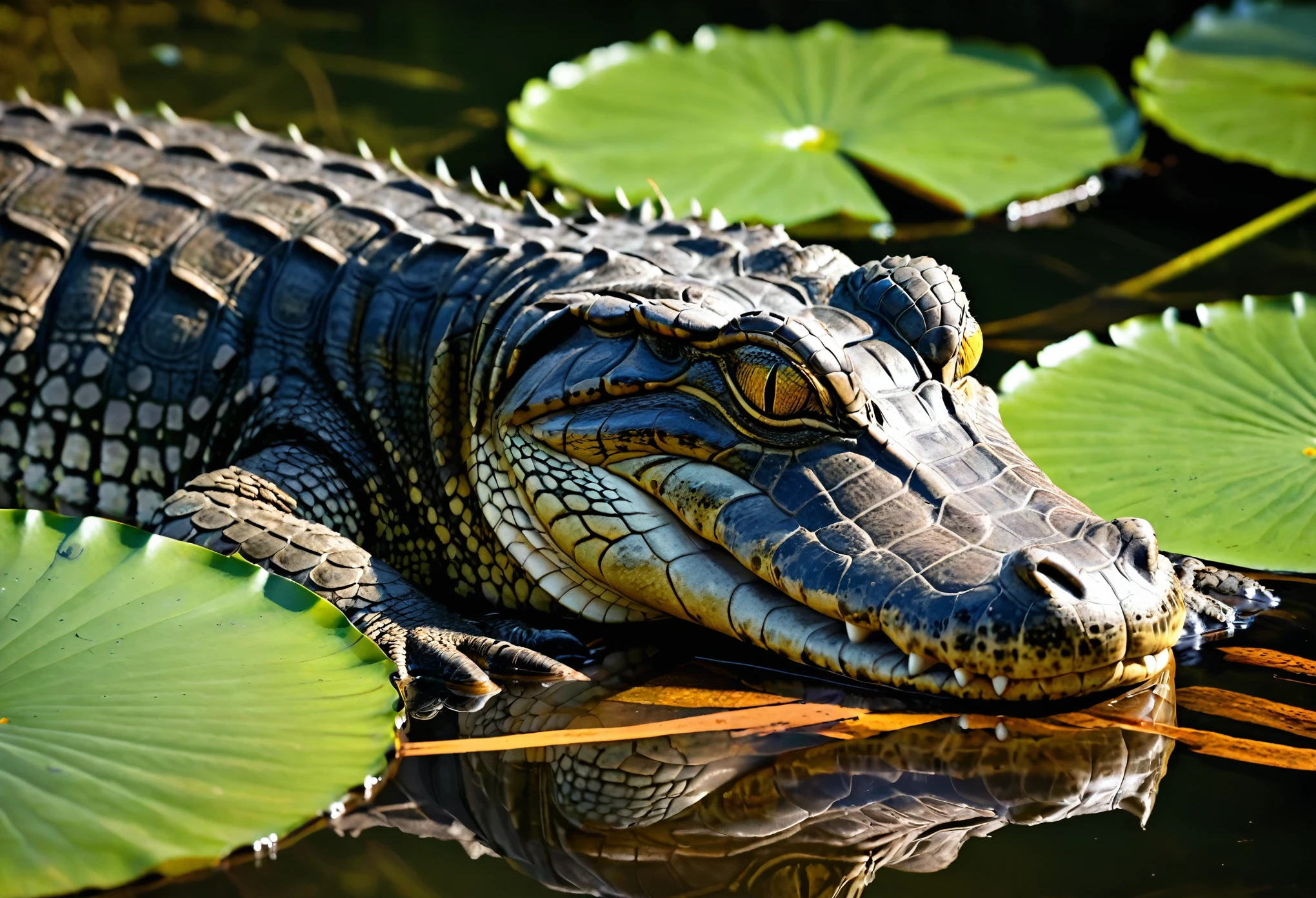 Create a captivating, hyper-realistic, AI-generated artwork of a Brazilian caiman in a lake within the Pantanal. The caiman should be depicted partially submerged in the water, with only its eyes, snout, and part of its back visible above the surface. Showcase the detailed texture of the caiman’s scales and the powerful, muscular build of its body. The scene should reflect the natural beauty of the Pantanal, with a background featuring lush, wetland vegetation, such as tall grasses, reeds, and water lilies. Include the murky water of the lake, with ripples and reflections adding to the sense of realism. The environment should capture the essence of the Pantanal’s diverse ecosystem, with a focus on the dense, tropical foliage and the rich, earthy tones of the landscape. Use natural colors to depict the caiman and its surroundings, highlighting the contrast between the caiman’s dark, rugged skin and the vibrant greens of the vegetation. The lighting should be soft and diffuse, reflecting the natural light of the Pantanal and enhancing the textures and details of the scene. The style should be hyper-realistic yet artistic, focusing on the caiman’s distinctive features and the serene beauty of its habitat. The final artwork should be high-resolution and visually striking, capturing the majesty and authenticity of the caiman in its natural setting.