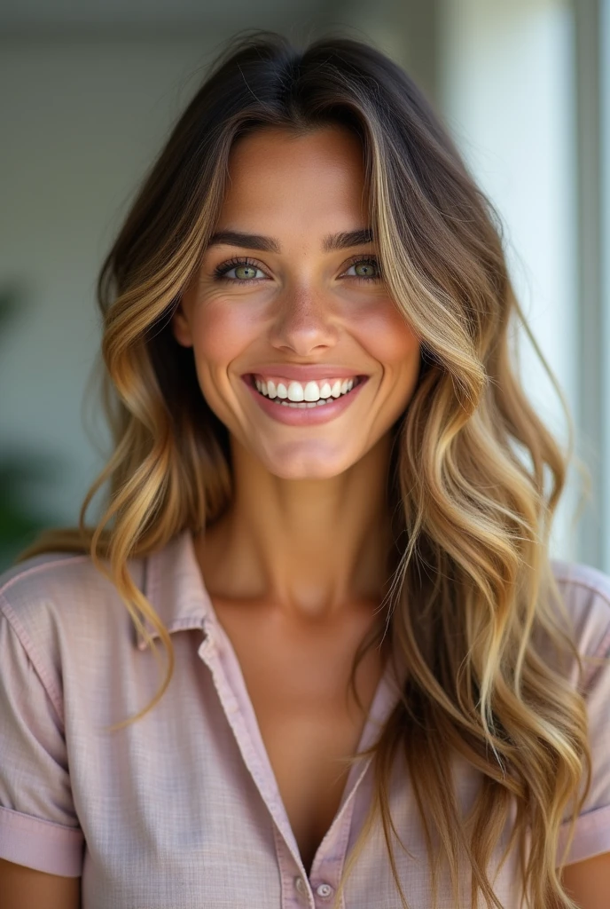 An image showing a teacher with chocolate hair and blonde highlights, tan complexion, smiling, que diga It isnglish 3° D,It is