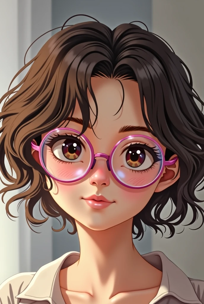 brunette woman, 4, short brown and white hair, round face with pink metal glasses and casual outfit