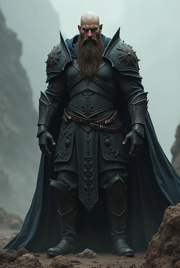 Hairless, bearded man in black armor