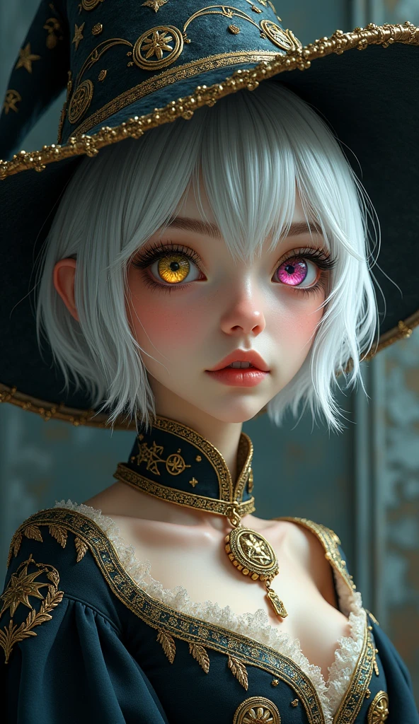 (masterpiece), (work of art), (amazing work), (detailed eyes), (delicate skin), (heterochromatic eyes), (multicolored), (short white hair with bangs), (sparkling eyes), (1girl) with witch's hat, ancient, old, wearing extravagant medieval clothes, masterpiece, best quality, best desinger, best illustration