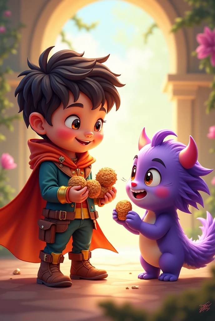 Cute little hero holding snacks and looking at cute little purple-haired monster