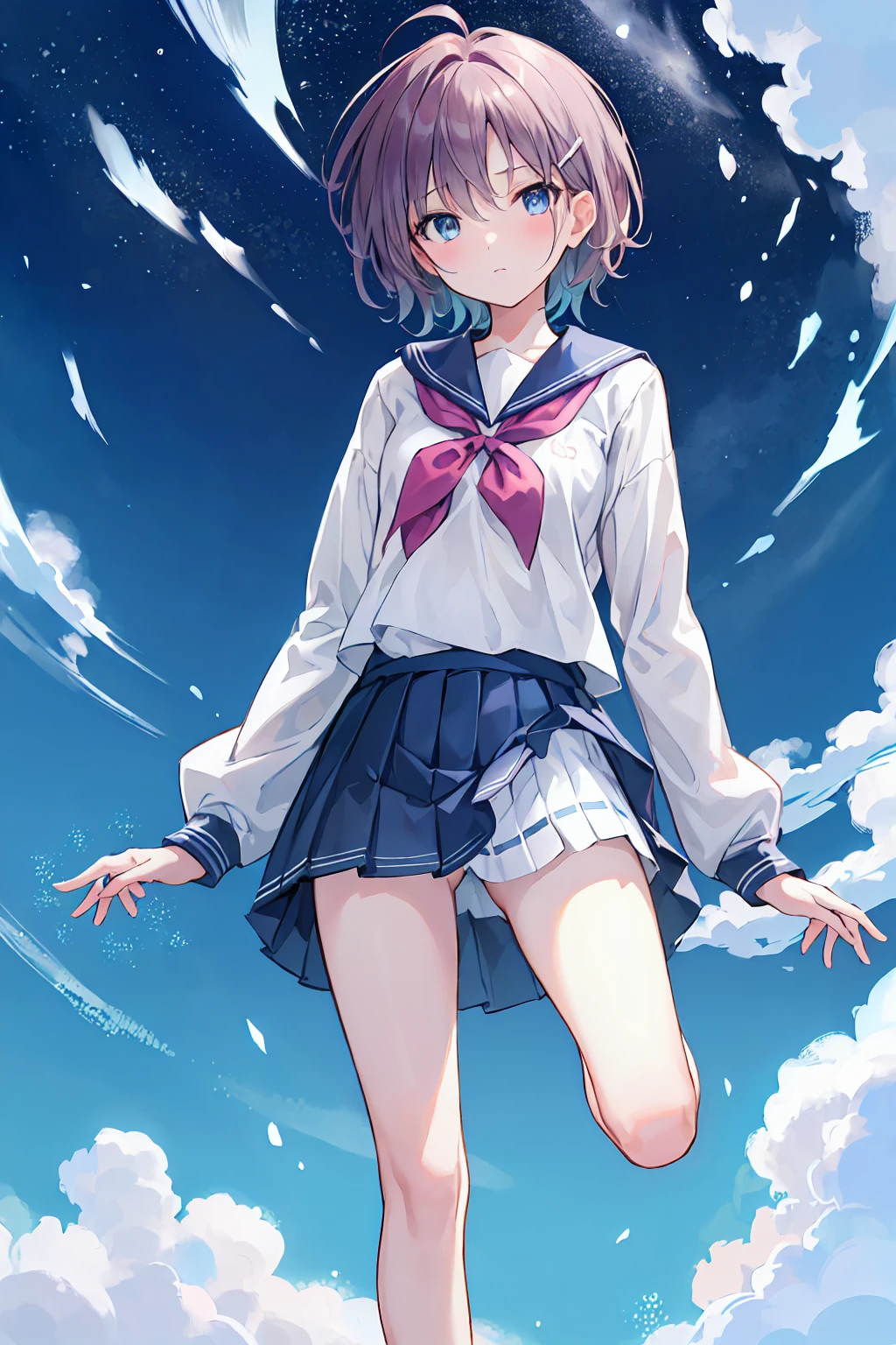 Brown Hair,Shortcuts,Messy Hair,Slender beauty,A dignified posture,Small chest,Beautiful feet,Highest quality, Anime Moe Art Style,Best Anime 8K Konachan Wallpaper,pixiv Contest Winner,Perfect Anatomy, (Please draw a girl walking sleepily to school.. ),break, One girl, (alone,,child,:1.3),high school student, short hair, amount, (Hair on one eye:1.4),Complete limbs, Full Finger,Medium chest, between legs, Small eyes,Her captivating grey-blue eyes shine like stars, Hair Clip, Sailor suit, skirt,Summer route to school. break,Very detailed,High resolution,Very detailed肌, Professional Lighting,8k eye detail, (Cute illustrations:1.2),