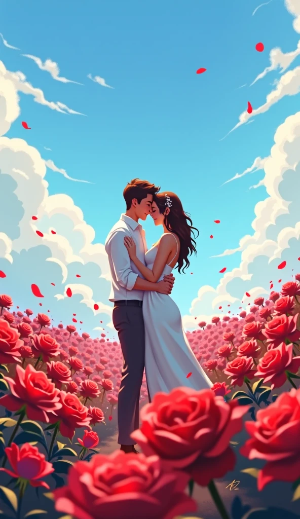 In a romantic atmosphere,Couple cuddling,Stroll through the Sea of Roses,Under the blue sky and white clouds,Feel the romantic theme of Valentine's Day。