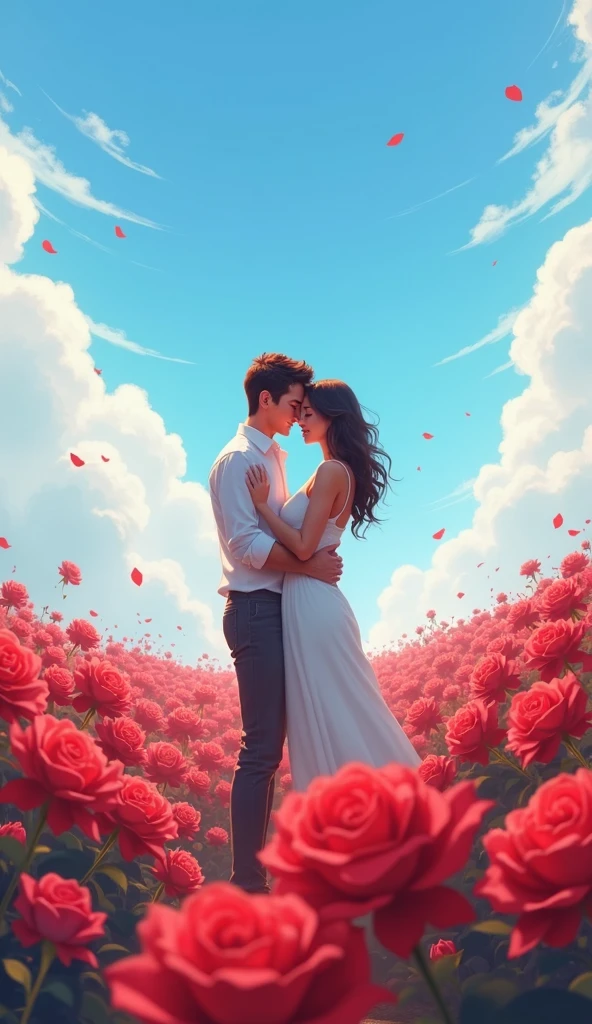 In a romantic atmosphere,Couple cuddling,Stroll through the Sea of Roses,Under the blue sky and white clouds,Feel the romantic theme of Valentine's Day。