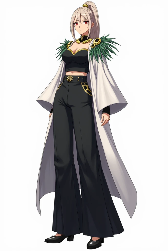 draw in anime style in full growth on a white background: a tall woman with ash blond hair, split bangs in 2 sides, and a 1 high ponytail. She wears a black tank top with gold detailing, and on top of the tank top is a white long cape with wide sleeves with peacock feathers. She is also wearing black wide pants and black shoes. She also has a hairpin with a black, white and red peacock feather on her head. Her eyes are red and not big. She also has gold accessories on her head. Make her expression serious or in a dynamic pose