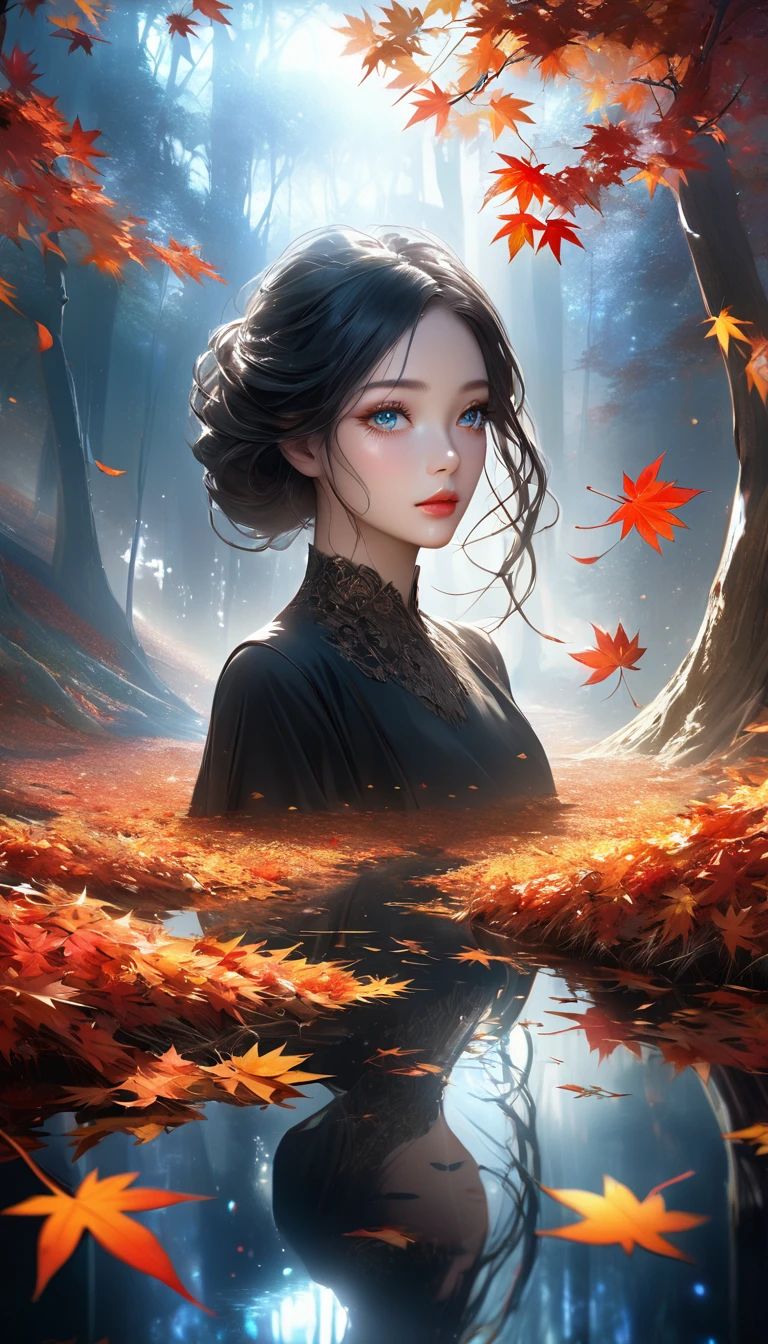 Maple tree landscape, dark canvas, Falling leaves, Transparent holographic reflection, A surreal landscape made of maple leaves, Leaves viewers speechless, A beautiful world, 1 woman, detailed eyes, detailed lips, very detailed face, long eyelashes, Beautiful and detailed portraits, elegant, tranquil expression, autumn, high quality, 8k, realistic, surrealist, studio lighting, Physically Based Rendering, vivid colors, movie lights, dramatic lighting, soft lighting, dramatic contrast, clear, ethereal, dreamlike, mysterious, magical, fancy, concept art