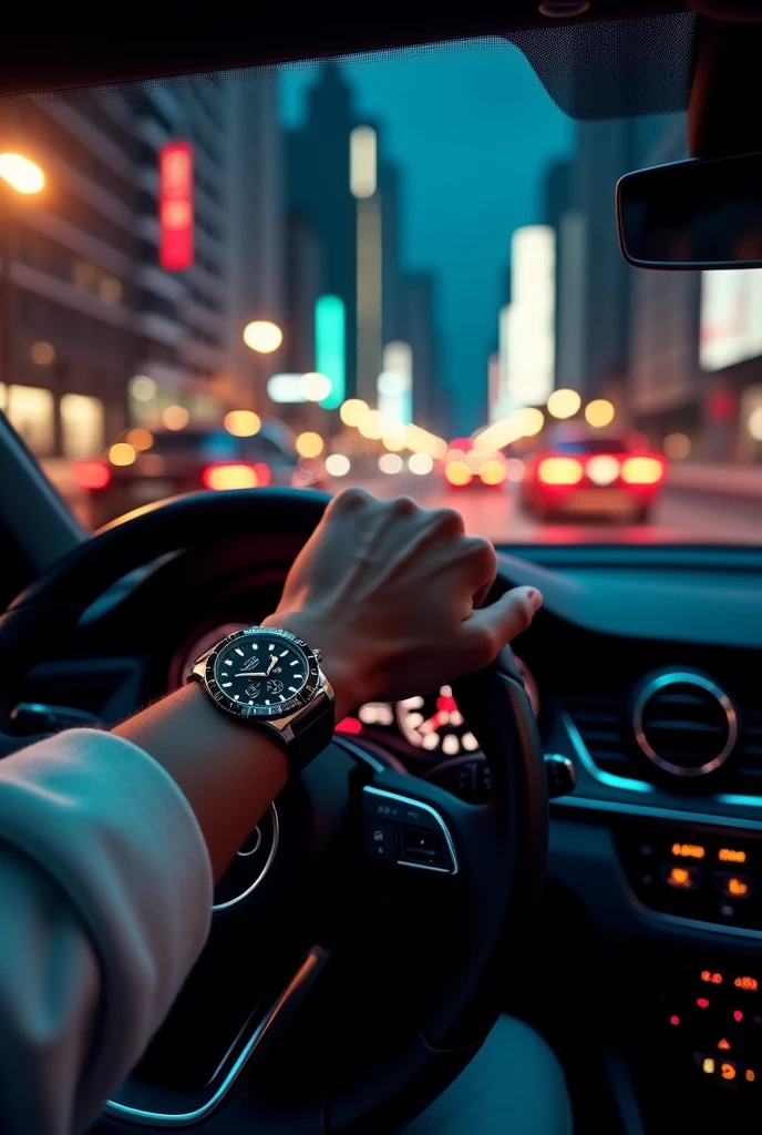 generate a photo from inside an audi in first person camera,  at night on the streets of São Paulo with traffic and only one hand on the steering wheel and a silver Technos Skydiver watch on my arm