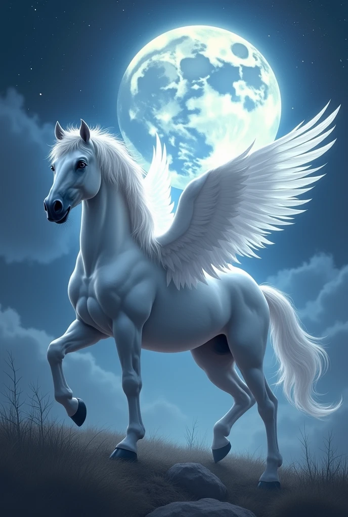 A white horse with feathers on moon
