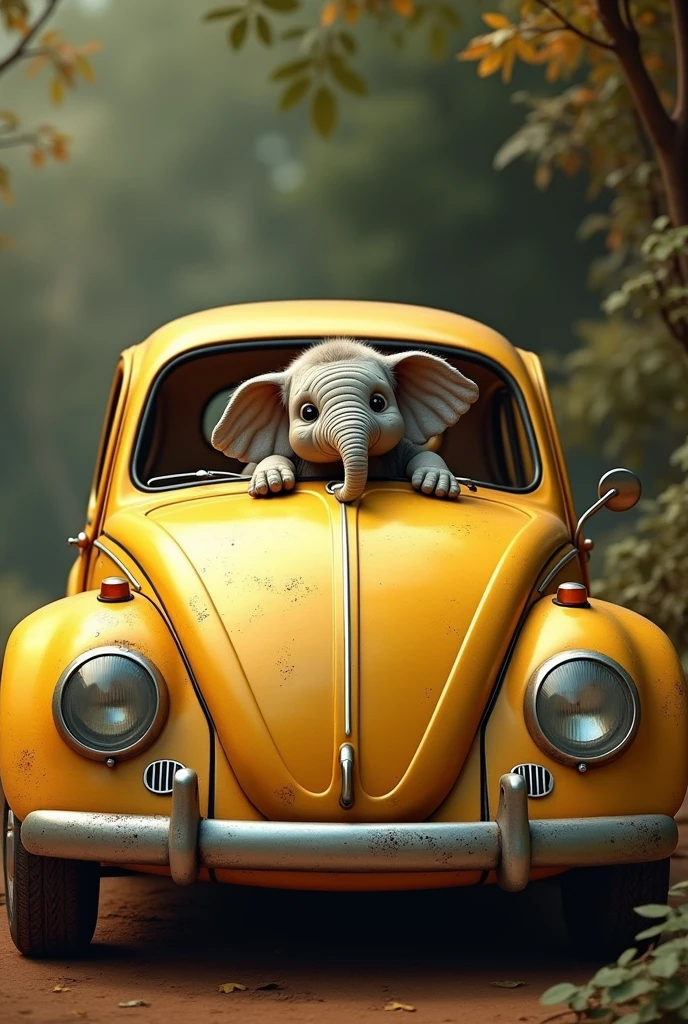 A car that looks like a Beetle, in burnt yellow with a baby elephant inside in earthy colors