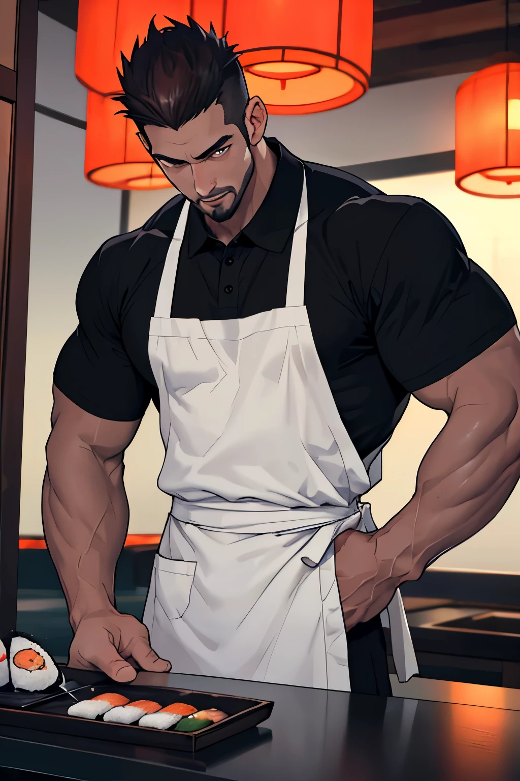 1 tall man 30 years old frontal photo with defined muscular body, wearing a white apron, under the apron he wears a black polo shirt. bulge marking under the apron, excitado. His appearance is Latin-Asian, wears a goatee, must have a strong jaw, Straight Nose, and a gentle and seductive look. dark eyes asian. The hair is black, short spiky hair, dark brown eyes serious, in a sushi restaurant setting, it is lit at night, ele está preparing sushi (dynamic angle) different poses, preparing sushi, hand on the waist