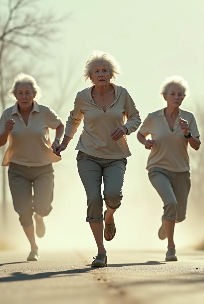 this is not what i want, use this prompt: generate ten images of the same old woman running while you see her moving like a slow motion capturing her arms and legs like ten photos in a progressive pictures i see her from alateral view