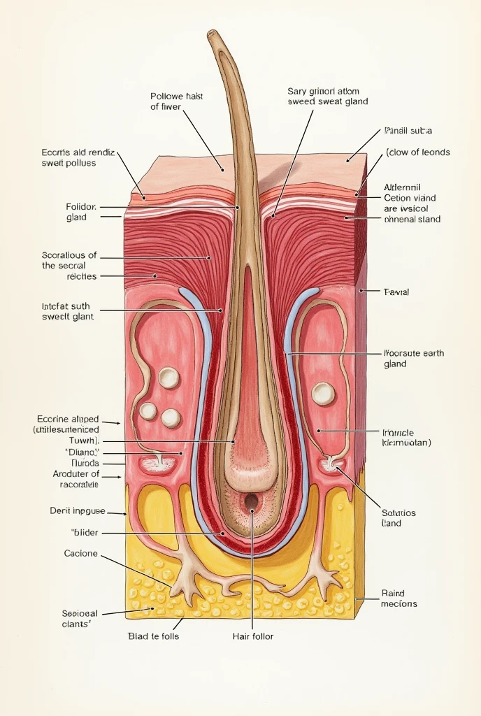 A drawing showing a hair follicle, a sebaceous gland and an eccrine and apocrine sweat gland. You can also show how the arrector pili muscle causes the "Goosebumps".