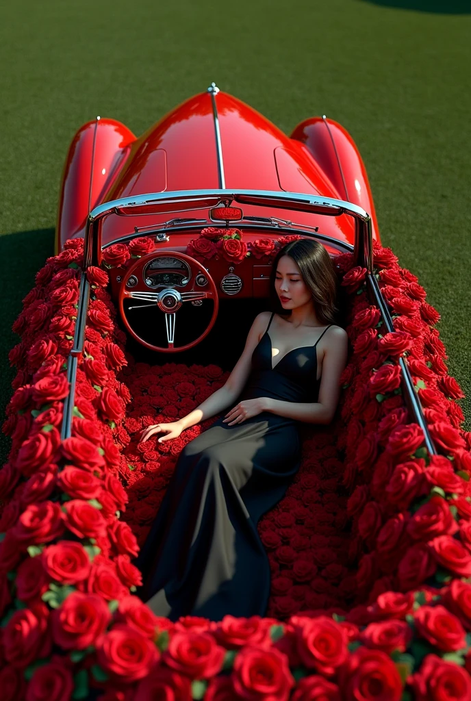 Create a luxurious scene featuring a person reclining in a vintage red convertible filled with a cascade of red roses. The person should be dressed in a sleek, elegant black gown. The setting should be outdoors on a neatly manicured green lawn, exuding sophistication and glamour. Ensure the convertible is detailed and the roses are vibrant and lush, enhancing the overall opulence of the scene.”